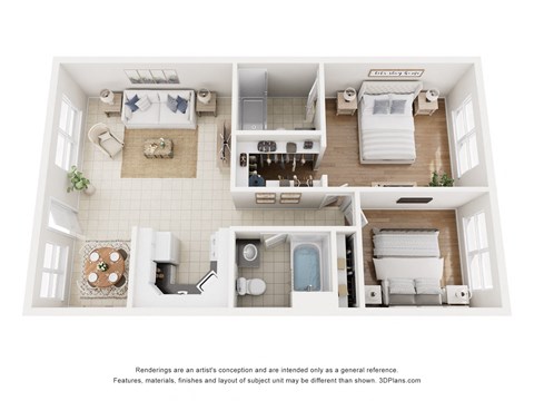 Floor plan for 2 beds, 2 baths, 1000 sqft